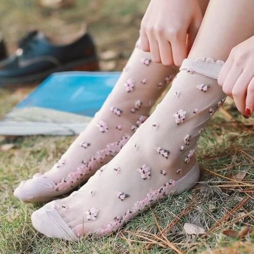 Transparent Lace Flowers Sexy Socks For Women Girls Elastic Glass Funny Socks Women Summer Crystal Cotton Anti-skid Thin Socks