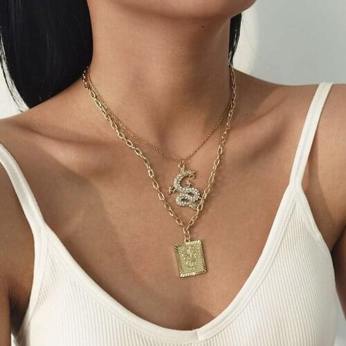 Vintage Double Layers Rhinestone Dragon Square Butterfly Pendant Necklace Women Punk Geometric Clavicle Necklace Colar Jewelry