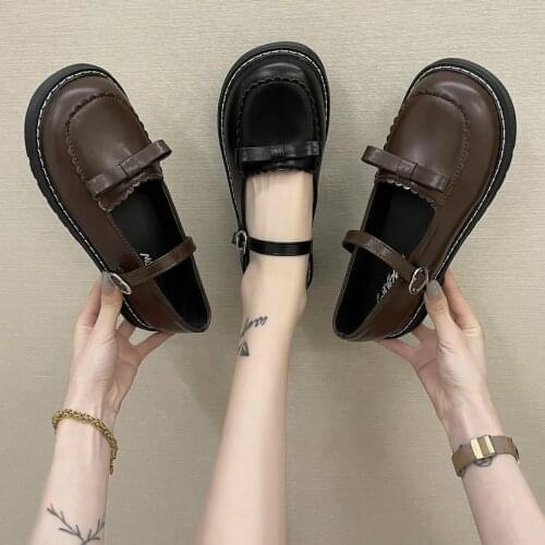 Womens Flat Shoes Spring English Pump Flat Shoes Retro Buckle Leather Single Shoes Round Toe Loafers Womens Shoes