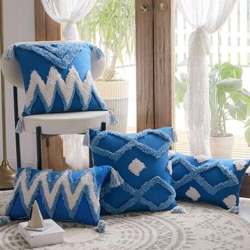 Boho Morocco Decorative Throw Pillow Case White Blue Geometric Zig Zag Diamond Pattern Woven Tufted Tassel Cushion Cover