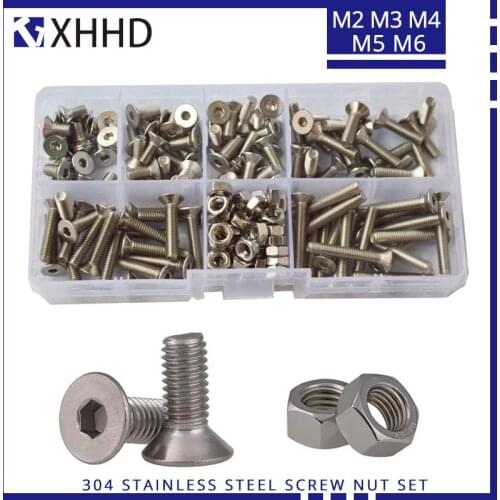 Hex Flat Socket Head Cap Screw Metric Thread Countersunk Hexagon Allen Bolt Nut Set Assortment Kit 304 Stainless Steel M3 M4 M5