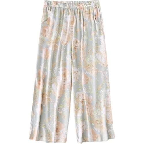 Japanese Fresh Satin New Multi-color Printed Wide-leg Cropped Trousers Women Summer Home Pants Pantalones Pijama Mujer Grande