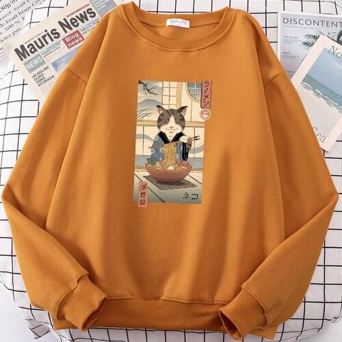 Cat Eating Ramen Ukiyo-E Print Woman Sweatshirt Autumn Oversize Hooded Harajuku Loose Hoodies Fashion Casual Fleece Tops Men