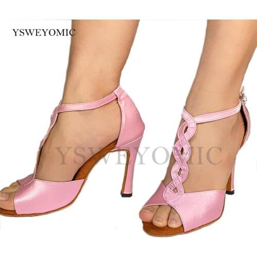 2021 New Style Women Latin Dance Shoes Pink Satin Sandal Ladies Ballroom Salsa Dancing Shoes High Heel 10cm 4inch Soft Insole