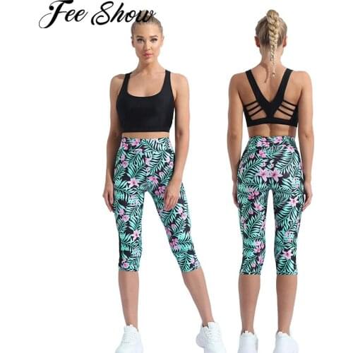 Women Floral Print Sweat Suit Gym Fitness Yoga Outfits Sleeveless Racer Back Running Sport Vest Padded Top with Cropped Leggings