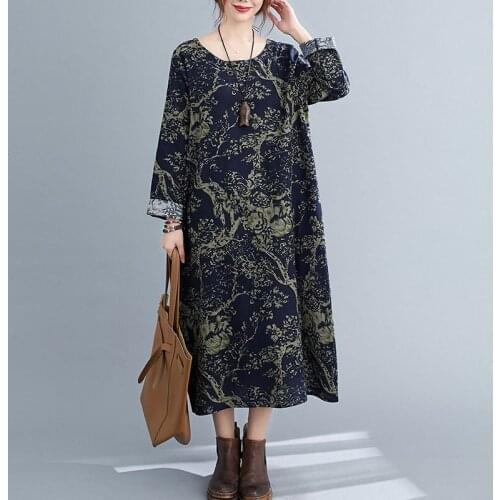 Women Cotton Linen Casual Dress New Arrival 2020 Autumn Vintage Style O-neck Print Loose Comfortable Female Long Dresses S2247
