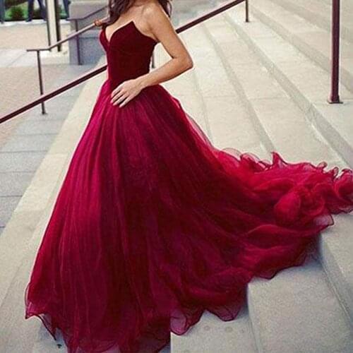 2021Women Elegant Party Night Sleeveless Elegant Vestidos De Gala Tulle Wine Red Evening Dress Burgundy Velour Prom Dresses