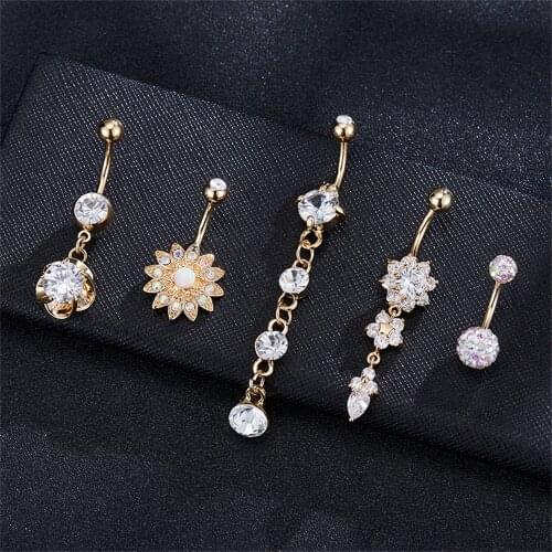 5pcs Body Jewelry Titanium Dangle Belly Button Ring Navel Curved Barbel Cz Stone Piercing Belly Rings Set
