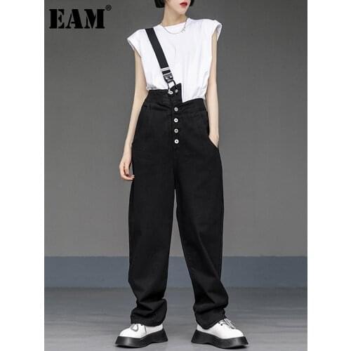 [EAM] High Waist Black Button Irregular Long Overalls Trousers New Loose Fit Pants Women Fashion Tide Spring Autumn 2021 1DE1995