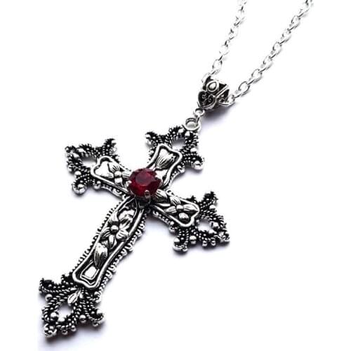 Goth Large Detailed Cross Drill Pendant Jewel Necklace Tone Creativity Gothic Punk Jewellery Fashion Charm Statement Women Gift