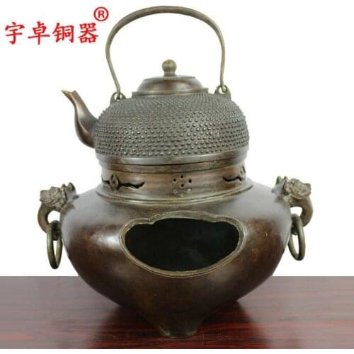 12'' China Copper Kettle Copper Teapot Coal Stove Bronze Statue