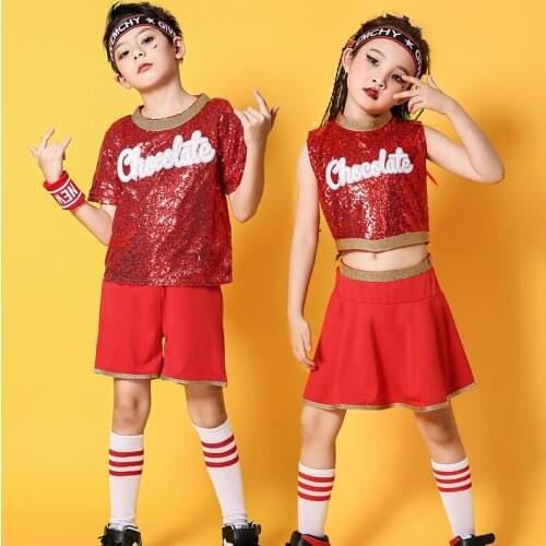 New Years Day Children Red Sequins Cheerleader Costume Kids Jazz Dance Costume Boys And Girls Hip-Hop Dance Streetwear DL5563