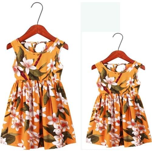 Floral Fashion 2021 Summer Holiday Family Look Mother and Daughter Matching Clothes Mommy and Me Dresses Sleeveless Pure Cotton