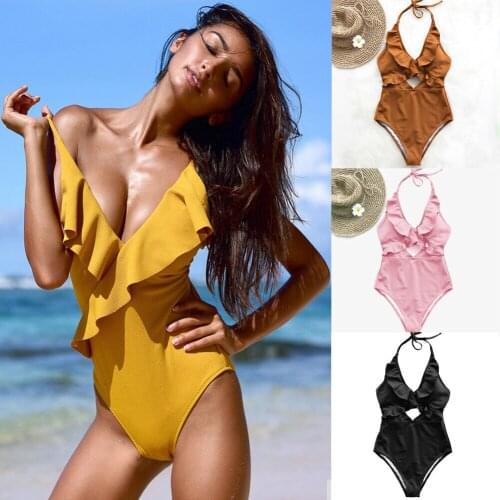 Summer Sexy Sleeveless Solid Women One-Piece Swimsuit Bandage Push-up Swimwear Bow Bathing
