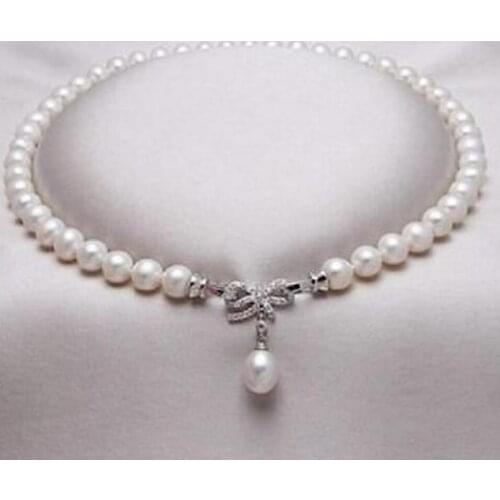 Fashion jewelry 9-10mm south sea natural white pearl necklace 18" silver clasp 1012mm pendant