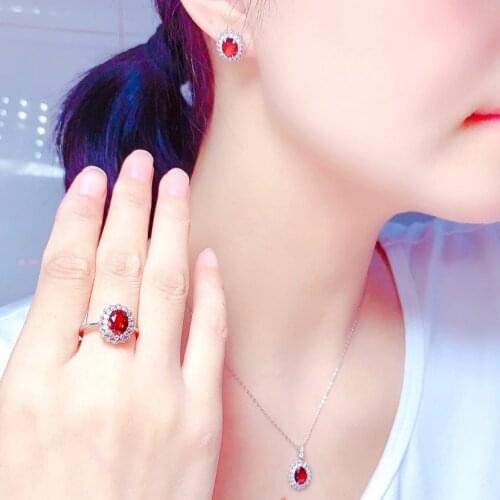 Natural Ruby Bridal Jewelry Sets for Women Silver 925 Earrings Rings Neckalce Wedding Vintage White Diamond Fine Jewelry Silver