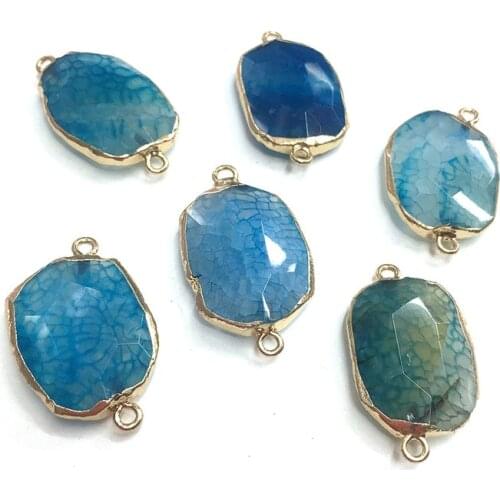 1PC Natural Blue Dragon Pattern Agates Connector Pendant Irregular Golden Plated Charms Connector Size 20x30mm