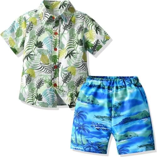 Infant Casual Beach Outfits Baby Boys Button Down Leaf Print Lapel Short Sleeve Shirt + Coconut Palm Pattern Shorts + Bow Tie