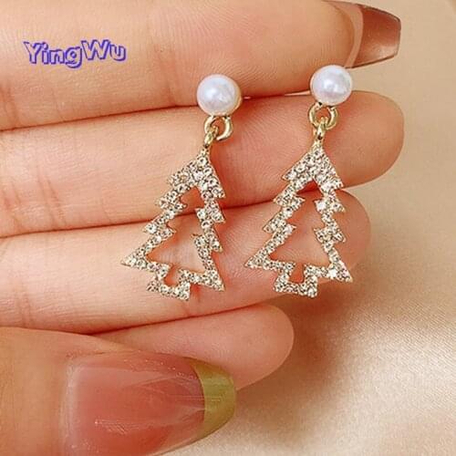 Imitation Pearls Christmas Tree Stud Earrings for Women Girls Fashion Shining Rhinestone Earrings Party Jewelry New Year Gift