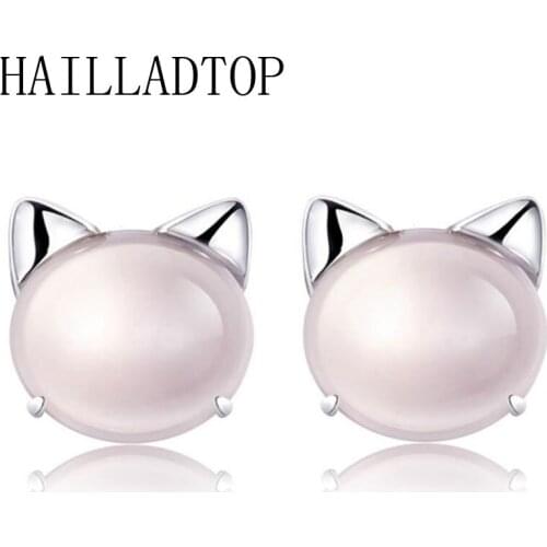 Natural Pink Cat Earrings Quartz Natural Rose Earrings Silver Plated Women Fashion Cute Little Cat Jewelry Wild Retro Jewelry