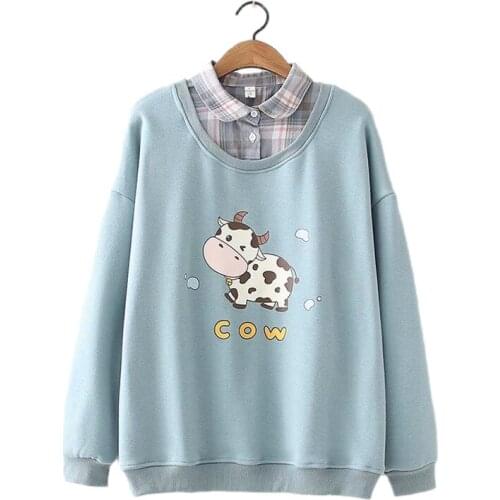 Cute Cow Printed Girls Hoodie Women Winter Clothes Fleece Warm Vintage Shirt Collar Japanese Kawaii Anime Graphic Sweatshirt