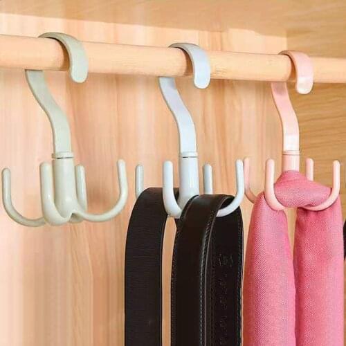 Rotatable Rack for Bag Clothes Tie Holder Shelf Organizer 4 Hooks Plastic 360 Degrees Rotated Closet Hanger Hanging Storage Rack