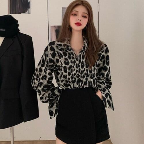 Women Retro Hong Kong Flavor Top Spring Autumn New Mid-Length Loose Long-Sleeved Leopard Print Blouse