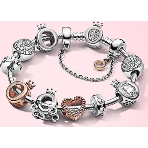 100% 925 Sterling Silver Crown carriage heart inlaid with diamonds Pan Bracelet original female jewelry gift