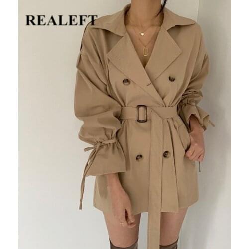 REALEFT 2020 New Autumn Winter Khaki Minimalist Womens Trench Coat Sashes Windbreaker Loose Flare Sleeve Double Breasted Trench