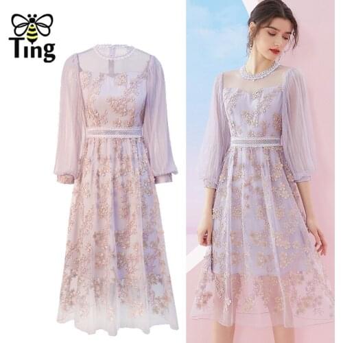 Tingfly High Street Fashion Flower Embroidery Purple Women Vintage Elegant Party Dresses Summer Mesh Sheer A Line Elbise Robes