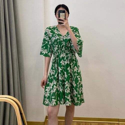 Women Elegant Print Midi Dress Casual V Neck Half Sleeve Holiday Beach Dresses Summer A-Line Vintage Womens Tunic Dress 2021