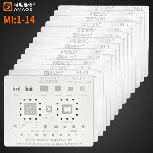 14pcs BGA Reballing Stencil Template for Xiaomi 10/9/8/6 11 11P Note8 SDM710 SM8250 K20 K30 PRO Note 2 /3/4/4x/5/MIX Redmi MI4