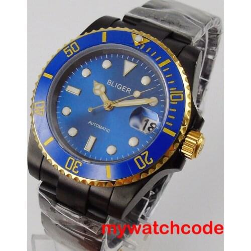 40mm Bliger Blue Dial Date Window Rotating Bezel Black 316L Stainless Steel Band NH35 Automatic Movement Mens Watch