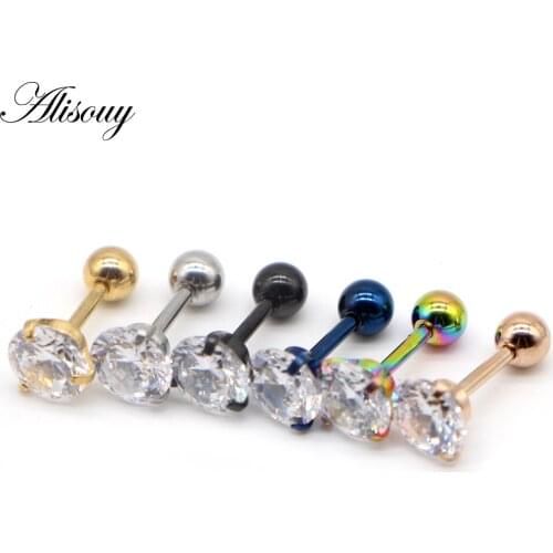 Alisouy 1pcs 16G CZ 3 Prong Round Clear Crystal tragus piercing color Black Blue Gold Steel Ear Cartilage Piercing Body Jewelry