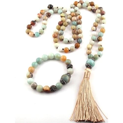 Free Shipping Fashion Bohemian Tribal Jewelry Natural Stones Knotted Handmake Paved Stone Tassel Necklace Bracelet set