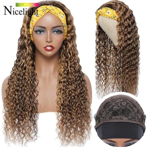 Brazilian Highlight Curly Headband Wig Glueless Deep Wave Human Hair Wigs Nicelight Full Machine Made 4-27 Ombre Blone Wig Remy