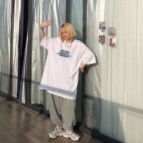 Harajuku style cotton short sleeve top Korean loose medium length 2021 summer new large Inst T shirt fashion versatile trend