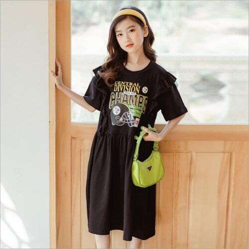 Korea Girl Clothes 2021 Summer Black Girls Letter Dresses Fashion Short Sleeves Ruffles Baby Dresses 6 8 10 12 Year