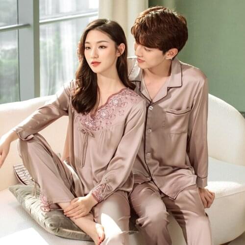 L-3XL Spring Summer New 2PCS Lover Pajamas Suit Men Long Sleeve Pant Nightwear Womens Lace Home Wear Casual Faux Silk Sleepwear