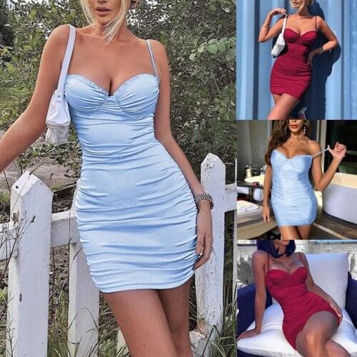 Hot kf-Womens Fashion Sexy Wooden Ears Low-Cut Sling Pleated Hip Dress