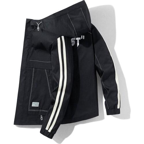 Mens Jacket Spring and Autumn Thin Hooded Slim Jacket Outdoor Solid Color Letter Print Top Mens Jacket Chamarras Hombre