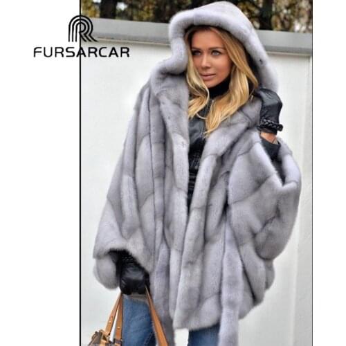 FURSARCAR 2021 New Fashion Genuine Natural Mink Fur Jacket With Hood And Bat Sleeves For Women Luxury Winter Warm Outerwear Coat