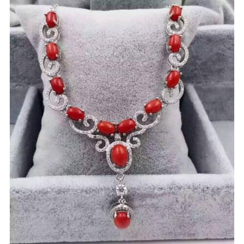 Natural red precious coral Necklace natural gemstone Pendant Necklace S925 silver trendy Elegant luxurious wave women Jewelry
