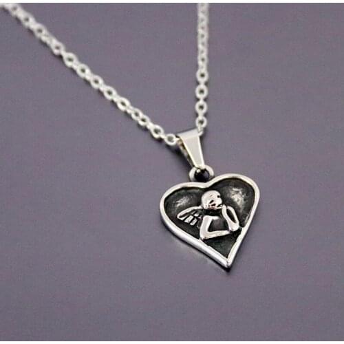 1pc New Custom Stainless Steel Necklace Antique Silver Stamped Angel In Love Heart Pendant Necklace Men Women Kids Jewelry