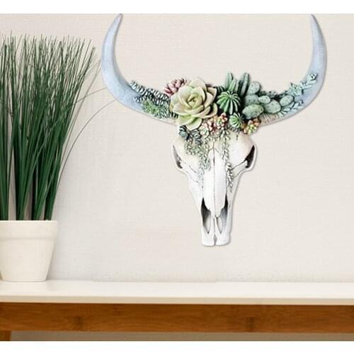 Resin Succulents Bull Skull Wall Hanging Decoration 3d Animal Wild Sculpture Figurines Crafts Home Bar Home Decoration