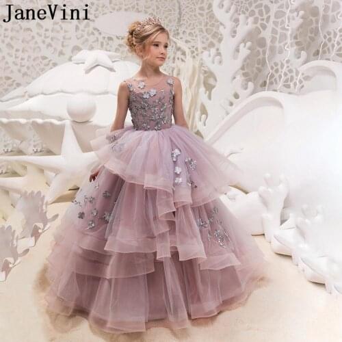 JaneVini 2020 Puffy Tulle Flower Girl Dresses for Weddings Children Kids Pageant Dresses Appliqued Tiered Gowns robe fille ete