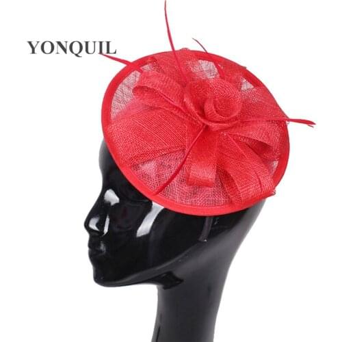 Sinamay Wedding Fascinators Nice Elegant Women Feather Hair Accessories Red Sinamay Hats Wedding Headwear Hair Pin Headbands