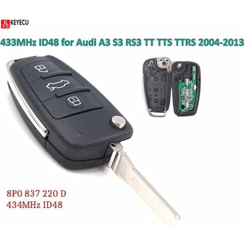 Keyecu Intelligent DIY Upgraded Flip Remote Car Key Fob 433MHz ID48 for Audi A3 S3 RS3 TT TTS TTRS 2004-2013 P/N: 8P0 837 220 D