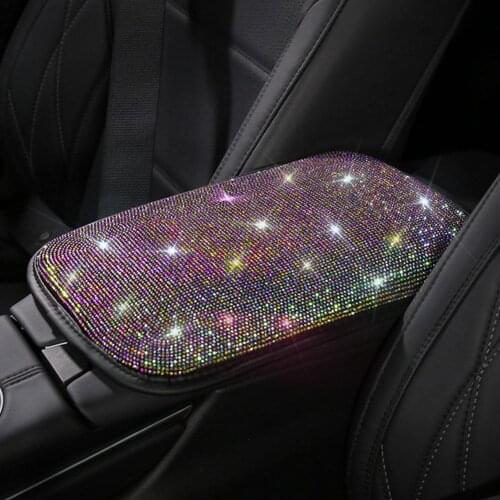 Rhinestone Car Armrest Cover Crystal Diamond Bling Shining Auto Center Console Protective Cushion Pad With Two Elastic Straps