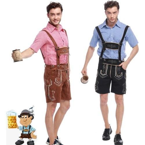 Traditional Germany Oktoberfest ManS Costume Blue Red Shirt Short Sleeve Adjustable Embroidery Suspender Shorts Aldult Cosplay